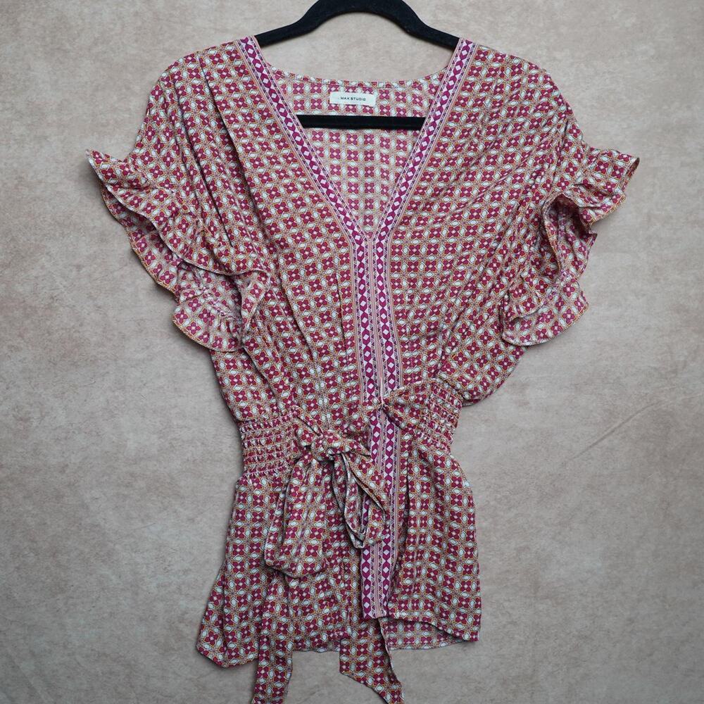 Max Studio Boho Flutter Sleeve Wrap Top M